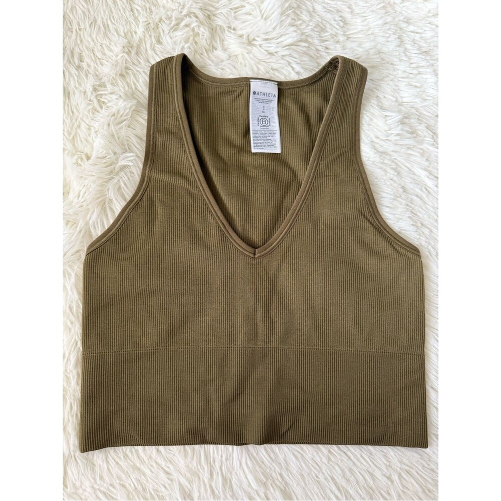 Athleta Olive Green Ribbed Tank Top V Neck Athletic Workout Women’s Small
